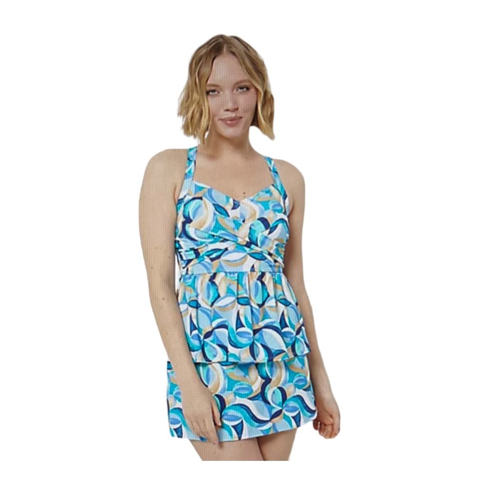 Denim & Co Beach Twist Front Tankini w Skirt Blue 14 reg Swimsuit 2 Piece